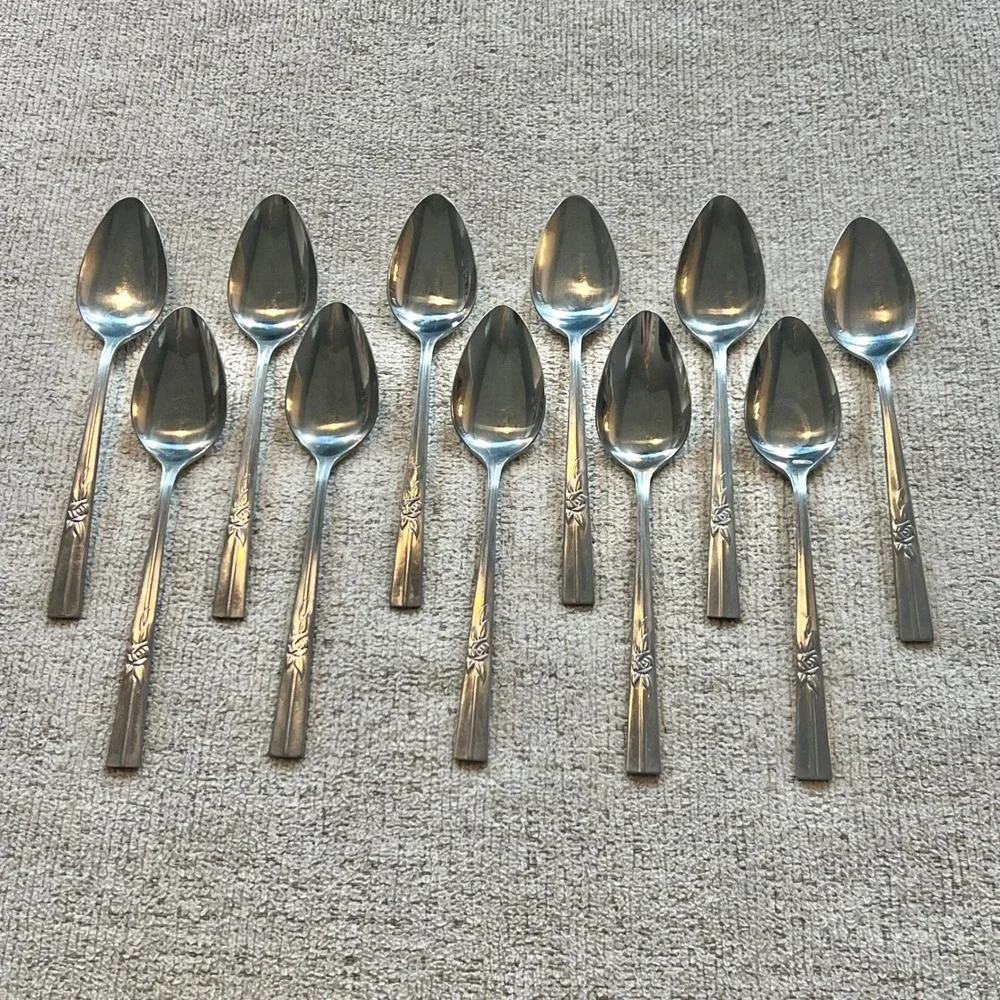 Epic Custom Stainless Rose Floral Tablespoons Set of 11 Vintage Flatware